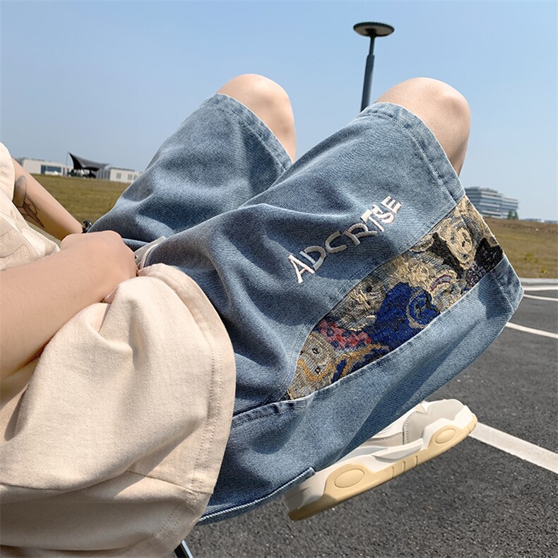 牛仔短裤男夏季港风高街水洗拼接五分裤子潮流insXD22963-P45,男装牛仔裤,电商A042