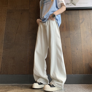 现货100棉星巴克景白色全棉宽松直筒牛仔裤子男女休闲款565/P49,白色凉拖鞋搭配服装图片