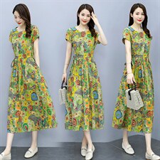 棉麻连衣裙女夏季2025新款韩版女装文艺碎花宽松收腰显瘦印花裙子，女装连衣裙，超帛