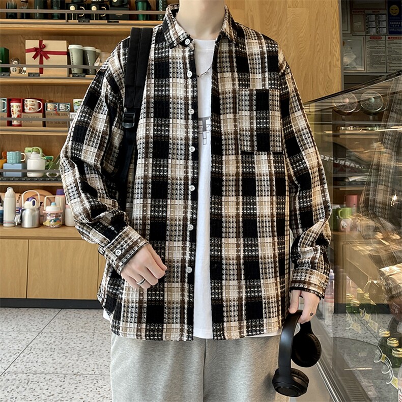 外套秋冬港风男大码小香风新款夹克宽松毛呢格子长袖衬衫/853p55,男装夹克,电商A012