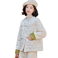现货2024冬季新款复古印花小香风休闲棉衣短款外套，女装棉衣/棉服，深水步