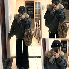 现货重磅boxy短款棉衣座山雕大毛毛领男女棉服水洗工装厚外套，男装棉衣，电商A486-1