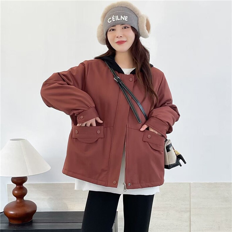 冬季加绒派克服棉衣女2025新款小个子针织连帽休闲工装棉衣外套,女装棉衣/棉服,江忆布依