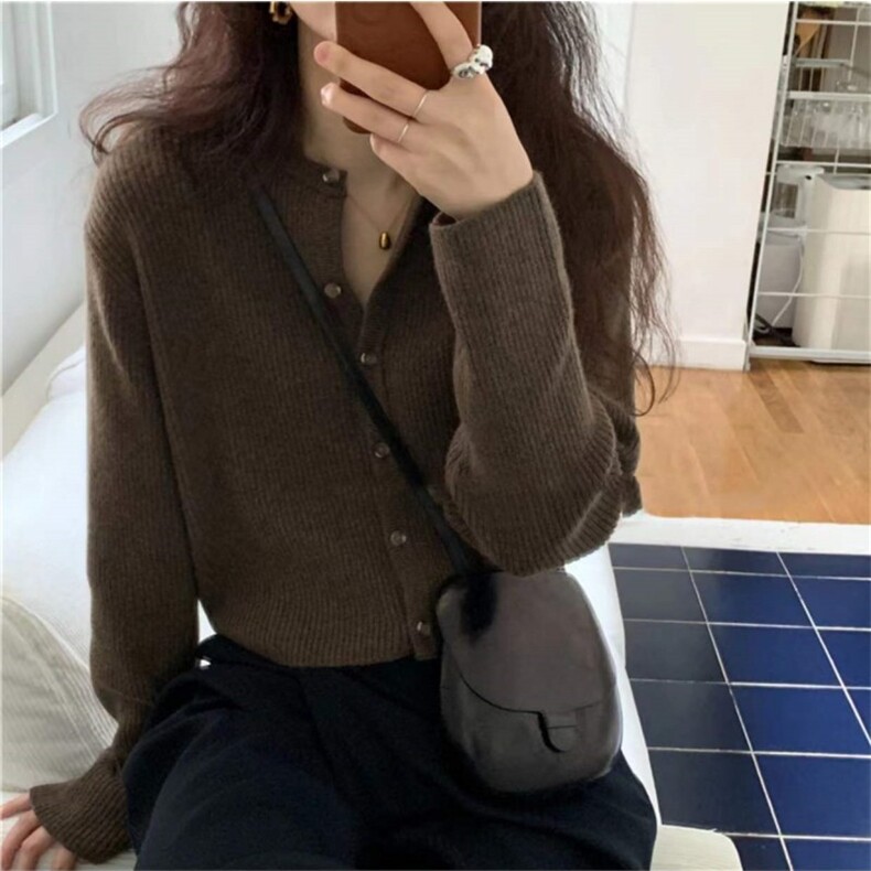 2025春秋新款开衫女宽松短款坑条毛衣小外套针织衫上衣百搭薄,女装羊毛衫,悦玛羊绒
