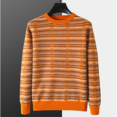 男士圆领竖条纹提花羊毛羊毛衫新款舒适柔软保暖民族风长袖男装，男装羊毛衫，枫宸羊绒