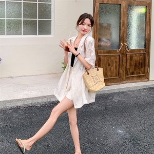 短袖提花西装套装女薄款2024夏季新款高级感气质小个子西服两件套图片