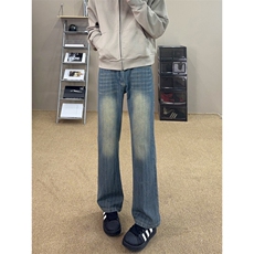 cleanfit复古蓝竹节纹牛仔裤男款美式高街vibe高个子微喇弯刀裤子，男装牛仔裤，电商B221