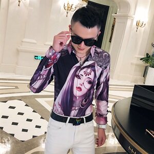 2021春秋衬衫社会男长袖上衣印花男装韩版修身四季潮流衬衣Q624-P55图片