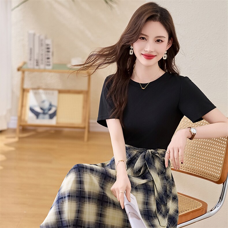 时尚拼接格纹连衣裙女2025夏季新款洋气减龄收腰显瘦中长款裙子,女装连衣裙,魅家