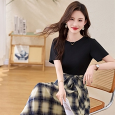 时尚拼接格纹连衣裙女2025夏季新款洋气减龄收腰显瘦中长款裙子，女装连衣裙，魅家