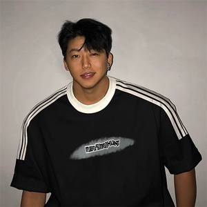 夏季美式高街重磅纯棉三条杠织带撞色男女短袖T恤ZD550-特P30图片