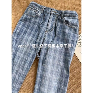 美式复古格子牛仔裤男夏薄款痞帅高级感裤子cleanfit宽松直筒长裤图片