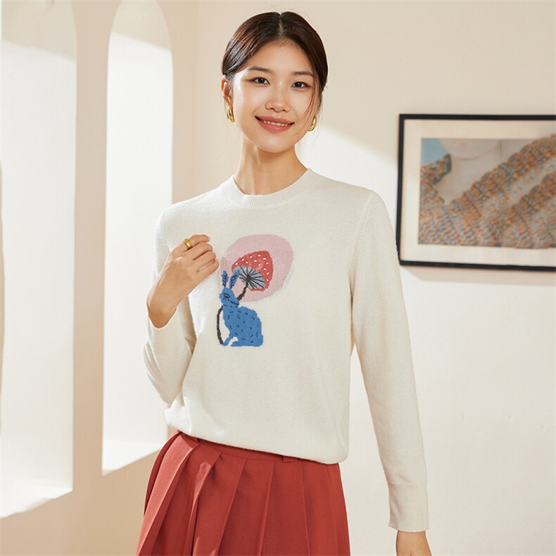 时尚女士圆领兔子提花时尚百搭通勤羊绒衫舒适保暖优雅百搭,女装羊绒衫,澳冬特羊绒