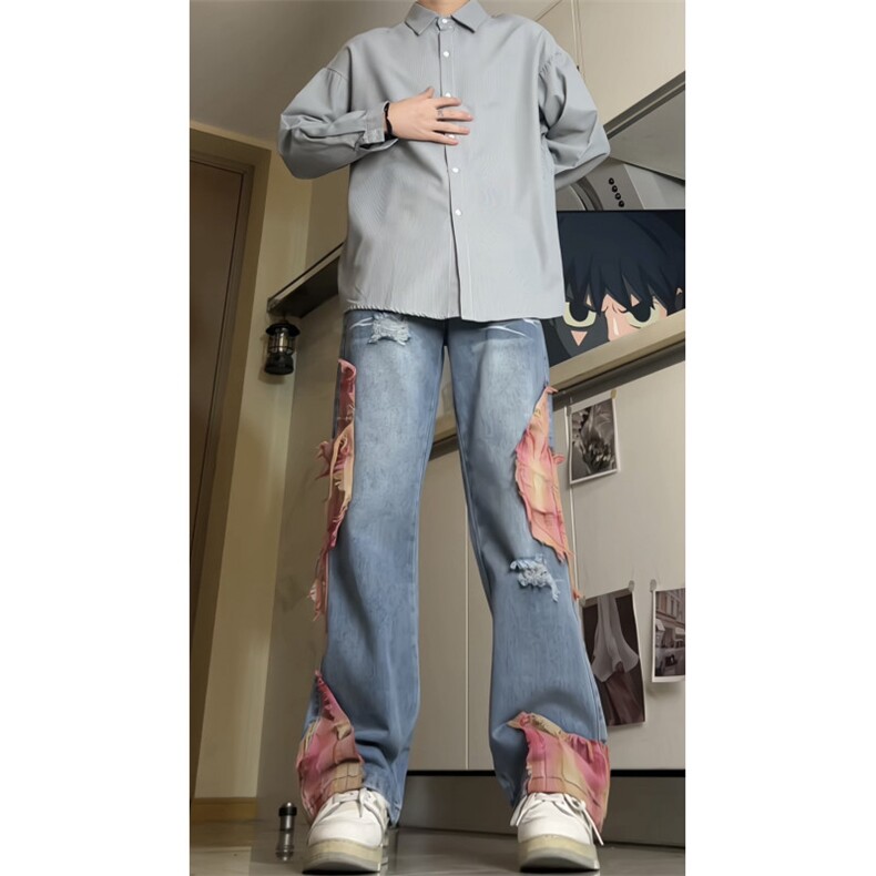 美式高街拼接显高牛仔裤男女微喇叭裤印花拼接休闲长裤GJ379P60，男装牛仔裤，电商D256A(原A064A)