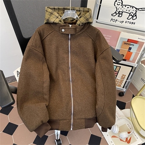 加绒加厚冬款男连帽棉衣毛呢条纹格子夹棉棉袄卫衣外套MA6P95