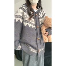 重磅秋冬北极绒开衫毛衣美式复古休闲慵懒风牛角扣针织衫连帽外套，男装针织衫/毛衣，电商A486-1