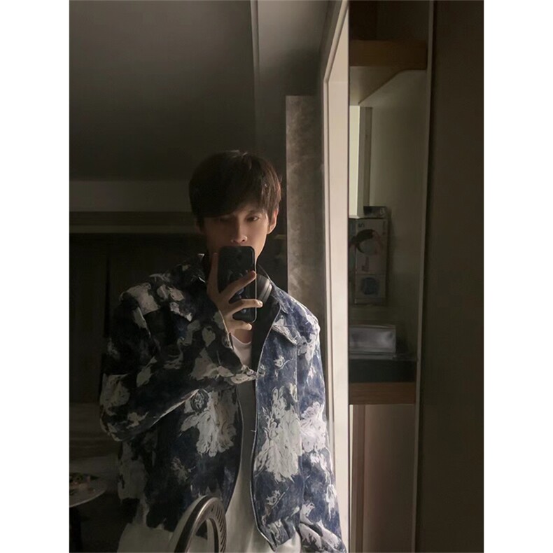 自家图，博主风cleanfit外套男蓝色扎染美式垫肩夹克JK2412-P80图片