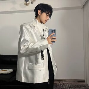 痞帅高级感黑色立领垫肩夹克上衣飞机扣设计感外套机车服 JG37图片