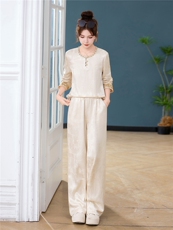 春夏重工气质高级感运动休闲原创设计刺绣新中式复古两件套，女装套装/套裙，梦依杭