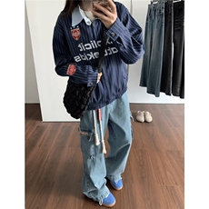 潮条纹撞色短款外套男女美式复古2024初秋新款情侣夹克上衣，男装衬衫，星座506A