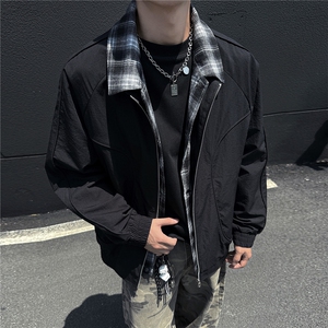 秋冬夹克男假两件工装外套青少年格子拼色上衣图片