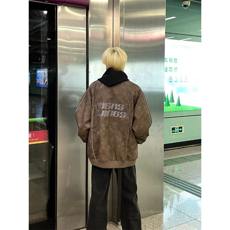 美式高街复古刺绣字母麂皮绒衣外套男款潮牌宽松嘻哈夹克棒球服,男装夹克,星座506A