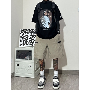 美式潮牌纯色短裤男夏季薄款复古工装痞帅大码休闲运动健身裤子图片