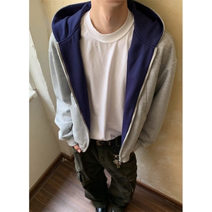 短款连帽卫衣开衫男女春秋重磅撞色情侣帽衫外套 W163图片