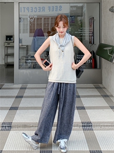 休闲风针织圆领无袖上衣阔腿裤两件套女2026春夏新款时尚气质套装图片