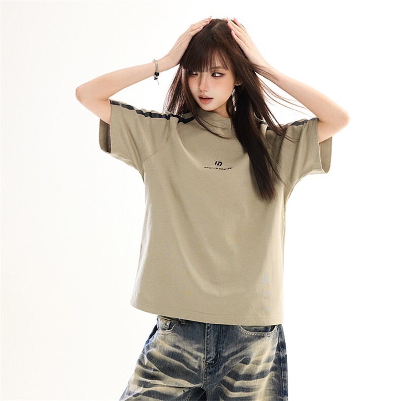 2026春季新款美式复古撞色条纹短袖T恤女宽松设计感上衣YD287-P45,男装T恤,星座509