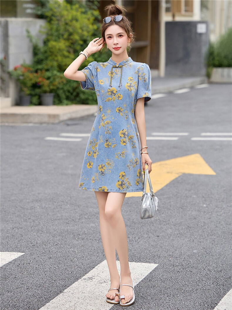 8903-878夏季新款韩版2025宽松休闲短袖翻领黄花牛仔连衣裙女,女装连衣裙,依多米