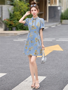 8903-878夏季新款韩版2025宽松休闲短袖翻领黄花牛仔连衣裙女图片