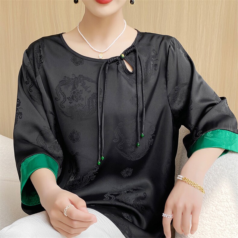 国风圆领盘扣绿袖口衬衫三色可选时尚气质宽松,女装衬衫,尚雪电商供货