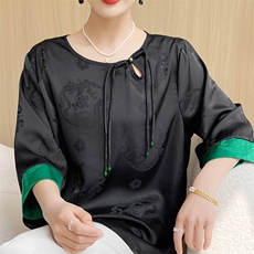 国风圆领盘扣绿袖口衬衫三色可选时尚气质宽松，女装衬衫，尚雪电商供货