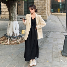 2024年春季新款韩版简约休闲宽松纯色西装外套套装黑色长款裙子女，女装西装，一九零