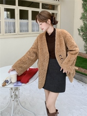 咖色美拉德复古V领羊羔毛外套女2025冬慵懒风保暖加厚毛绒绒上衣，女装短外套，浙宝210（原浙宝191）