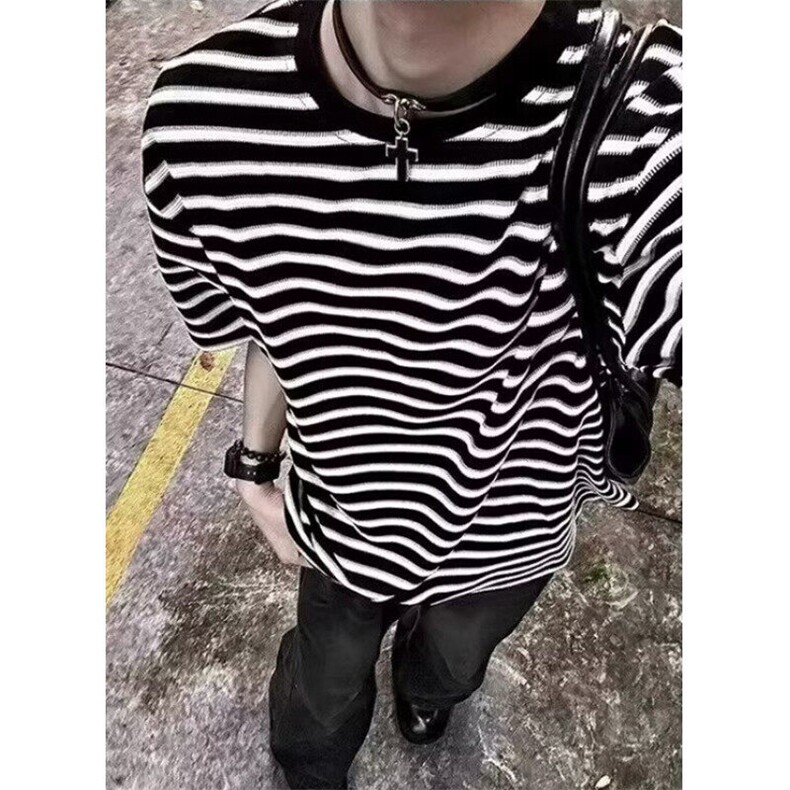 黑白条纹重磅短袖男潮牌潮流百搭小众宽松舒适t恤半袖TY88,男装T恤,星座1116A（原606A-3）