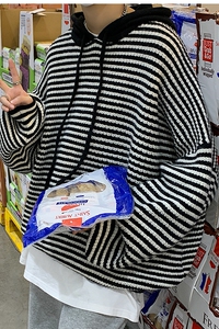 秋冬装连帽毛衣宽松男装条纹毛衫休闲针织衫 XZ716A-1-M269P75图片