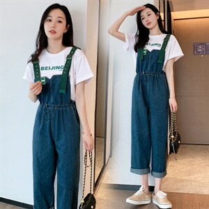 小个子桔梗背带裤女夏季洋气减龄直筒牛仔裤高腰可盐可甜阔腿裤子,牛仔裤,梦懿尔