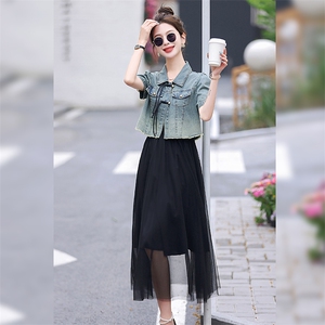 2024夏季新中式盘扣牛仔外套+网纱吊带裙休闲时尚两件套