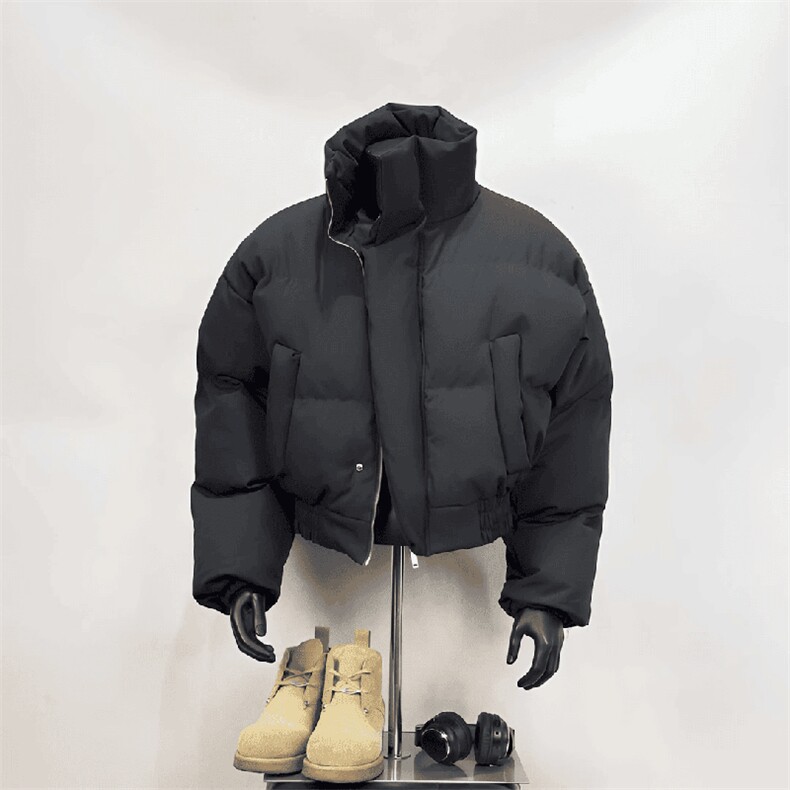现货5W件冬季三防重磅硬挺boxy短款羽绒立领PU皮棉衣外套加厚棉服,男装棉衣,电商A486-1