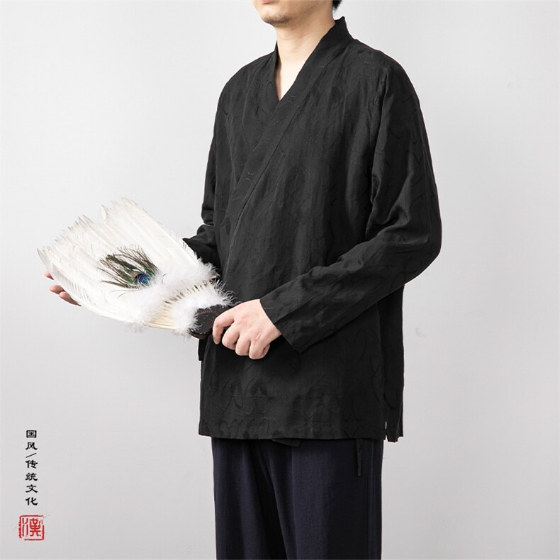 秋装新款提花男士斜襟改良长袖汉服道袍C205P70图片