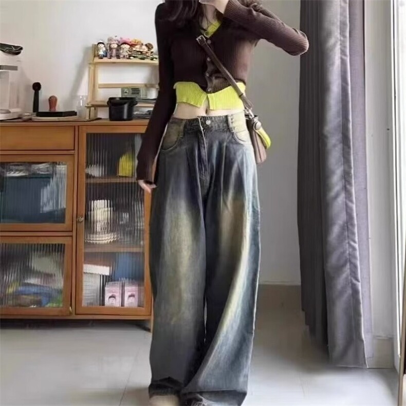D5203-P50水泥灰阔腿牛仔裤男女2024春秋直筒垂感拖地裤-网图现货图片