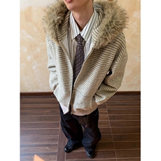 美式毛领卫衣外套男款秋冬高级感宽松条纹帽衫设计感短款针织开衫，男装针织衫/毛衣，星座1116A（原606A-3）