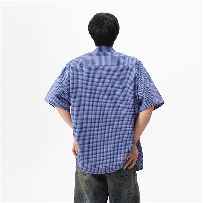 网络图现货潮流蓝色格子学院风宽松休闲百搭五分袖衬衣J5251-P28,男装T恤,星座715-7