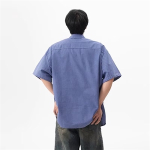 网络图现货 潮流蓝色格子学院风宽松休闲百搭五分袖衬衣J5251-P28图片