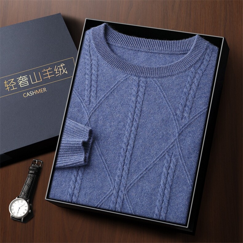 秋冬季新款舒适时尚百搭一线成衣圆领菱形格扭花35%羊绒衫，男装羊绒套衫，雅之冉羊绒