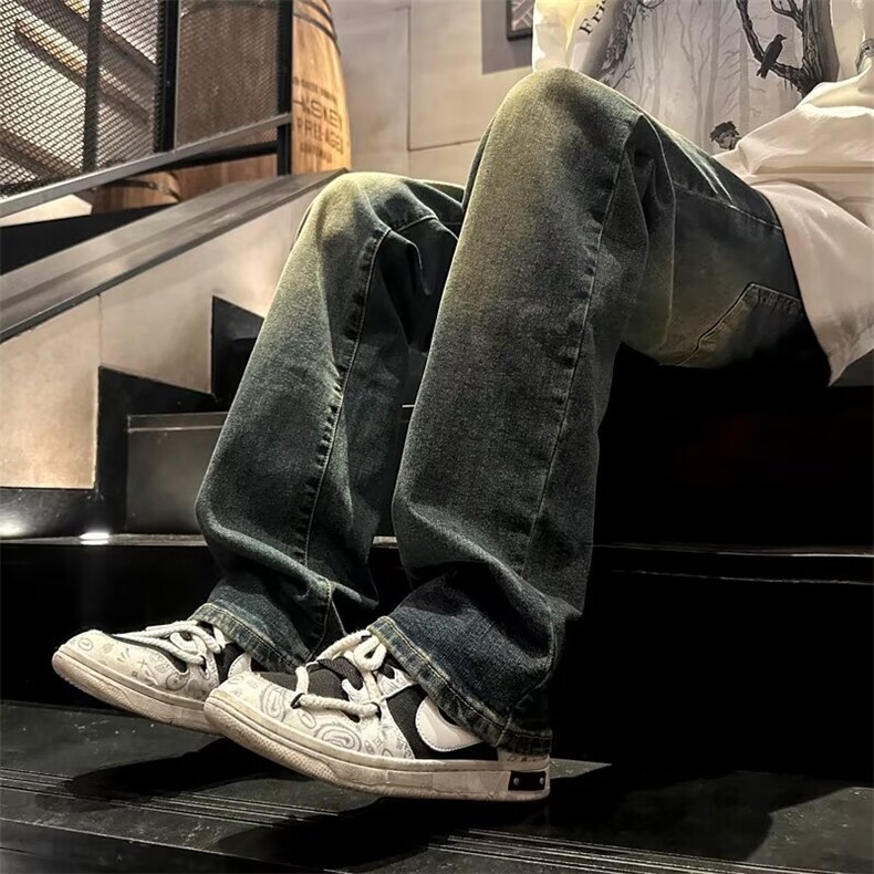 牛仔裤男渐变水洗做旧痞帅微喇裤子高街宽松直筒休闲长裤7032/P42图片