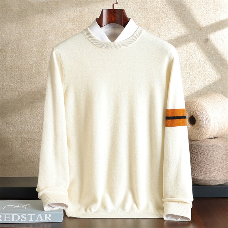 2025年秋季新款百搭男士袖条纹圆领长袖羊绒衫，男装羊绒套衫，绒之心羊绒