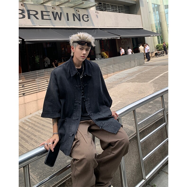 F344-P68夏季复古宽松水洗做旧衬衣新中式潮牛仔外套男现货,男装工装外套,星座512-6